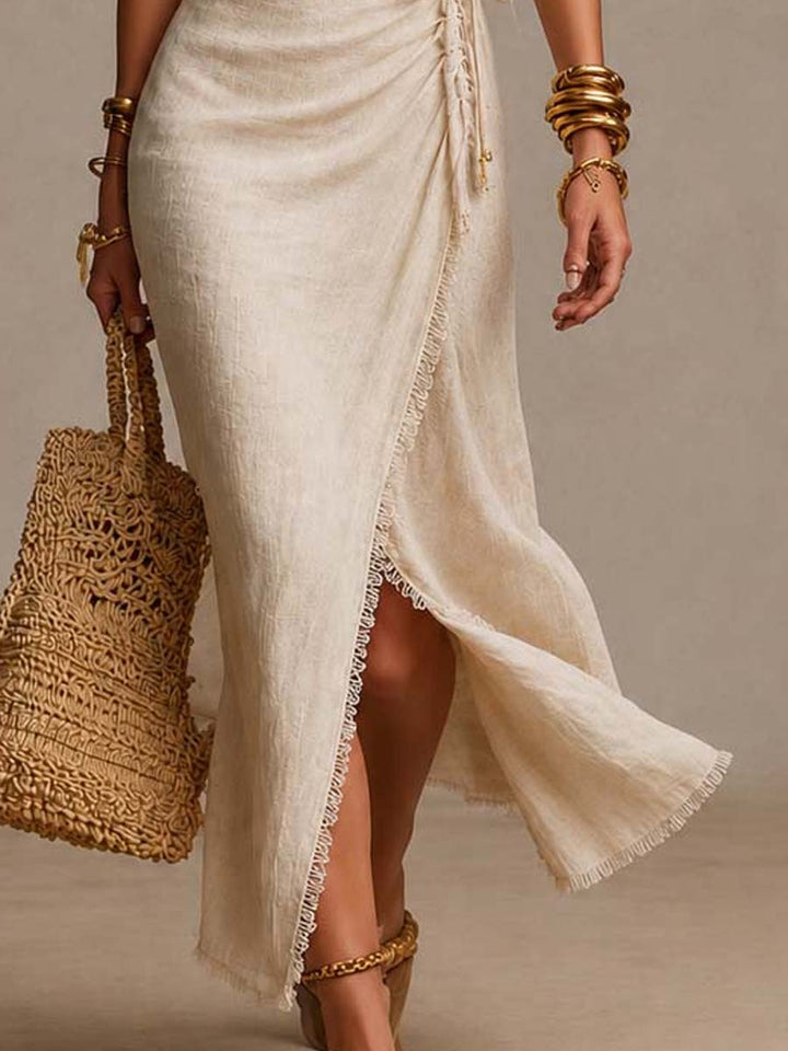 Tess™ | Abito midi in lino naturale con scollo incrociato sul davanti