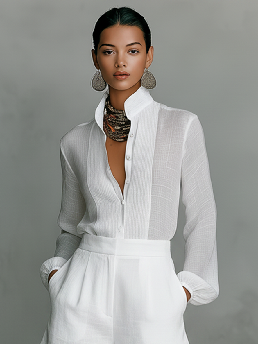 Elisabetta | Completo bianco con camicia dal collo alla coreana e shorts