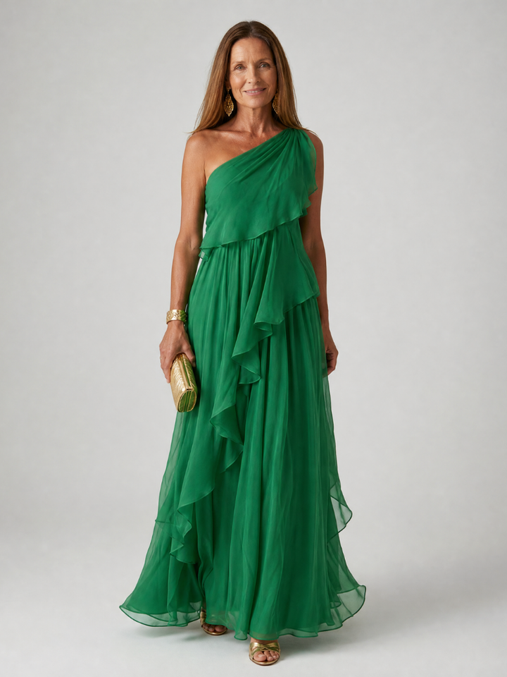 Donatella | Maxi abito verde monospalla con volant a cascata