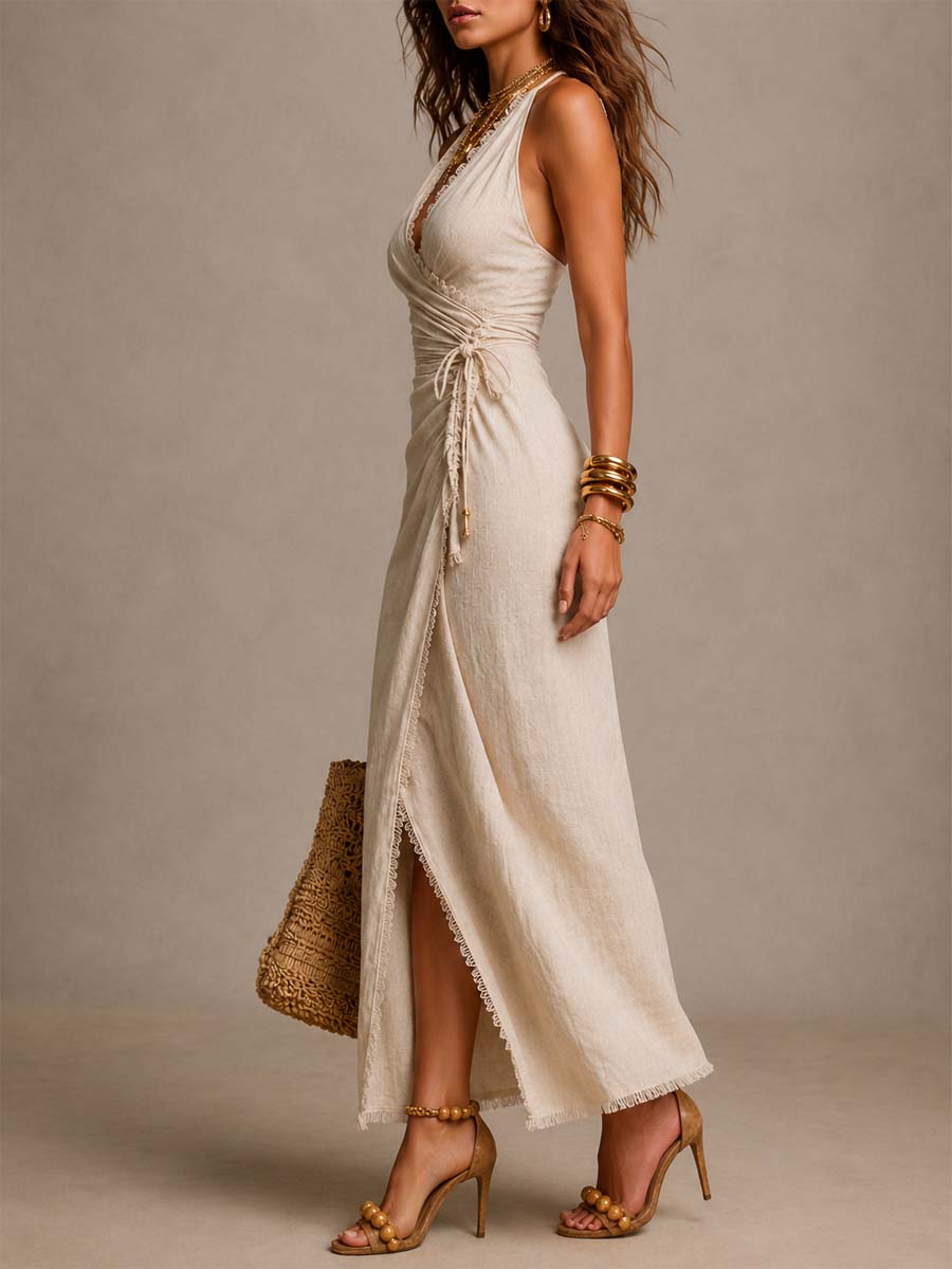 Tess™ | Abito midi in lino naturale con scollo incrociato sul davanti