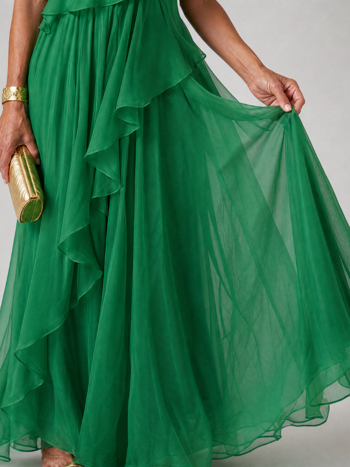 Donatella | Maxi abito verde monospalla con volant a cascata