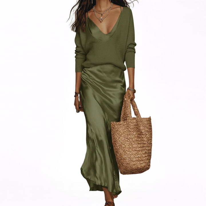 Elena | Abito Midi Satinato con Maglione Incluso