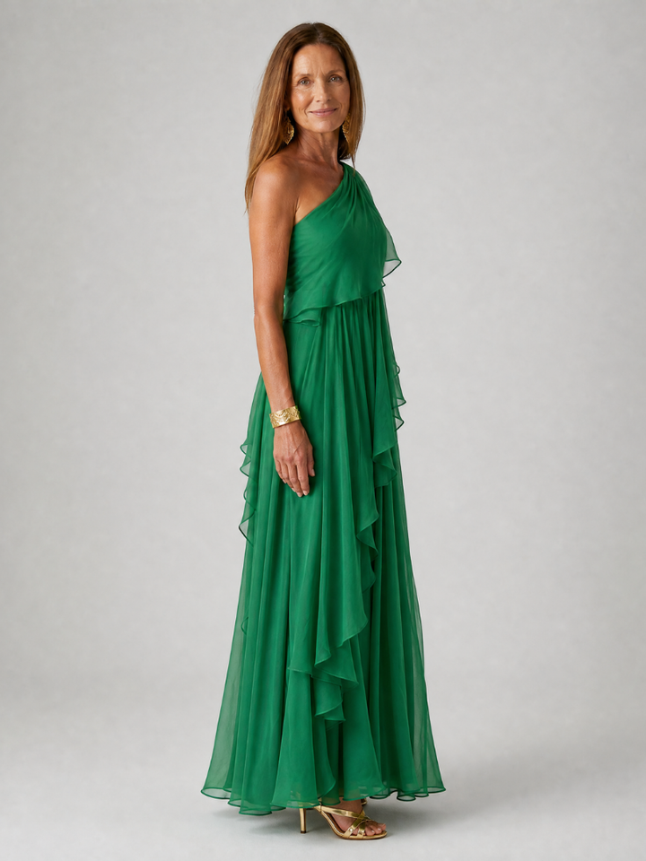 Donatella | Maxi abito verde monospalla con volant a cascata