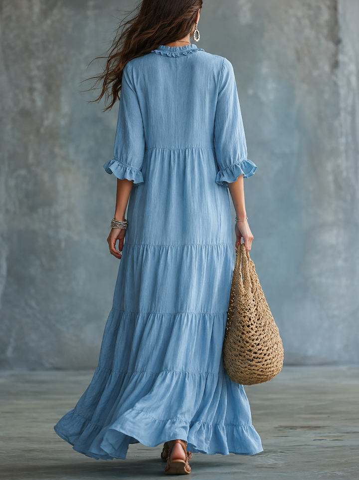 Anita | Maxi abito azzurro cielo boho con scollo a V e volant