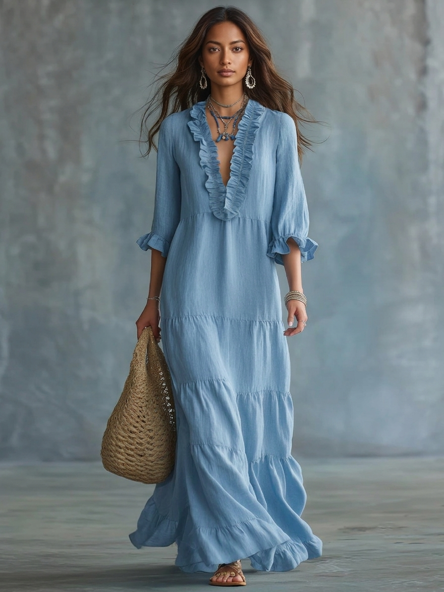 Anita | Maxi abito azzurro cielo boho con scollo a V e volant