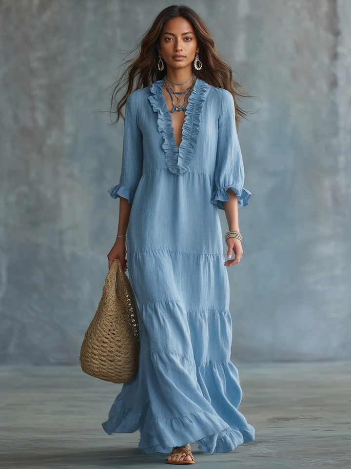 Anita | Maxi abito azzurro cielo boho con scollo a V e volant