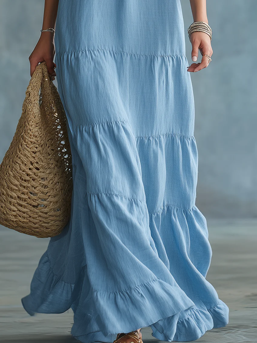 Anita | Maxi abito azzurro cielo boho con scollo a V e volant