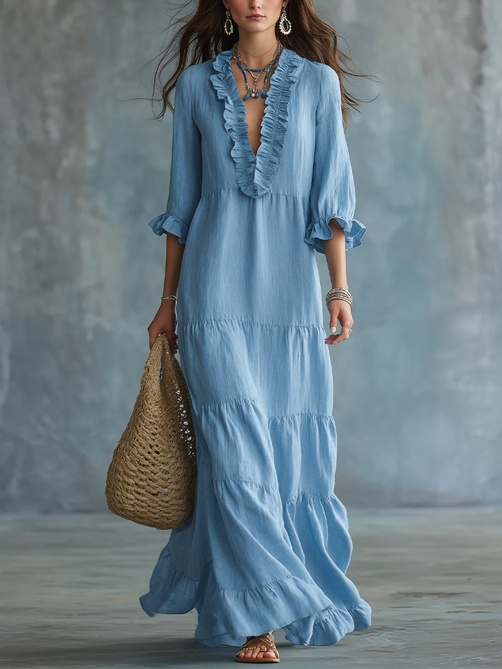 Anita | Maxi abito azzurro cielo boho con scollo a V e volant