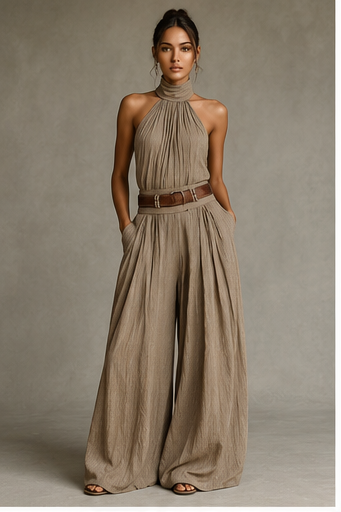 Caterina | Tuta wide leg tortora con scollo all'americana in stile boho