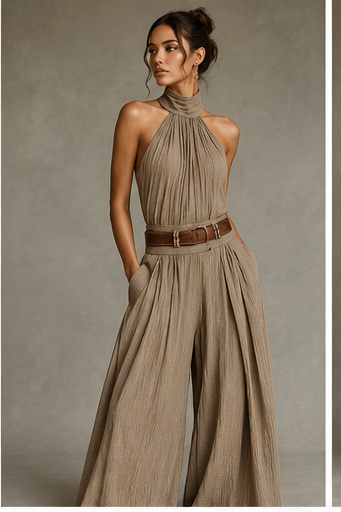 Caterina | Tuta wide leg tortora con scollo all'americana in stile boho