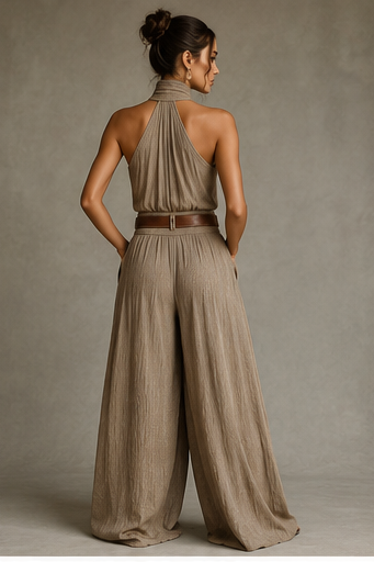 Caterina | Tuta wide leg tortora con scollo all'americana in stile boho