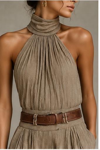 Caterina | Tuta wide leg tortora con scollo all'americana in stile boho