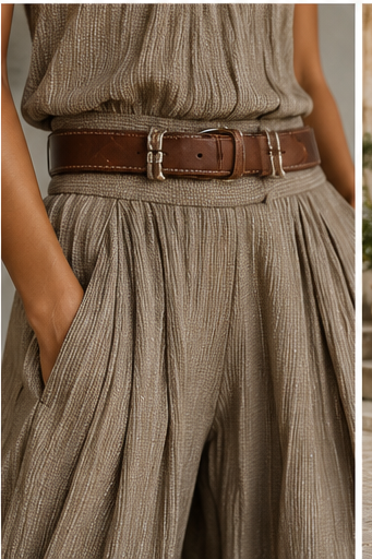 Caterina | Tuta wide leg tortora con scollo all'americana in stile boho